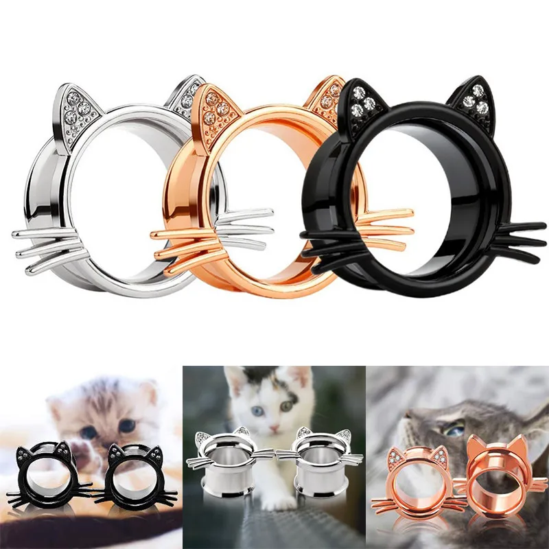 2pcs 316L Stainless Steel Cute Cat Ear Plugs Tunnels Screwed Dangled Ear Piercing Expansion Ear Stretched Gauges Body Jewelry