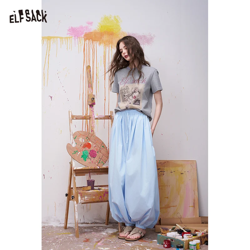 

ELFSACK Women's Summer Pants, Light Blue Balloon Trousers with Drawstring Waist, Loose Fit Casual Lantern Pants for Daily Outfit