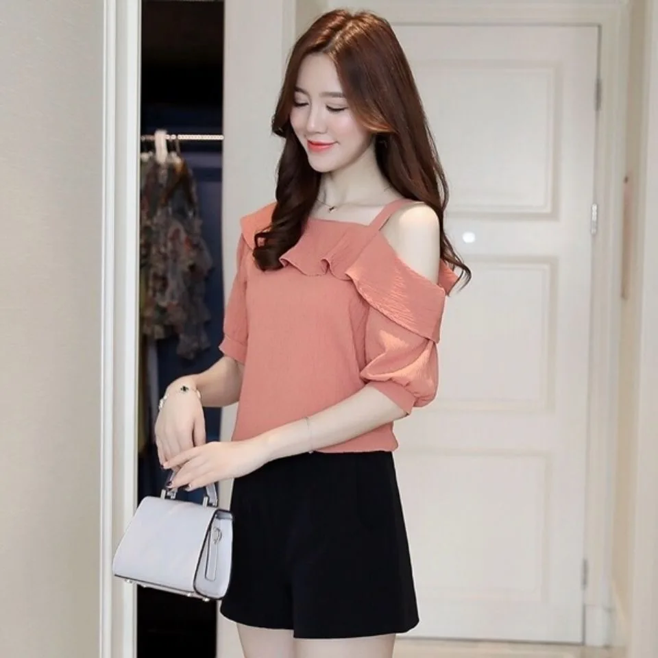 Summer Basic Women Off Shoulder Ruffle Chiffon Blouse Asymmetry Thin Strap Korean Puff Short Sleeve Vacation Daily Wear Shirts