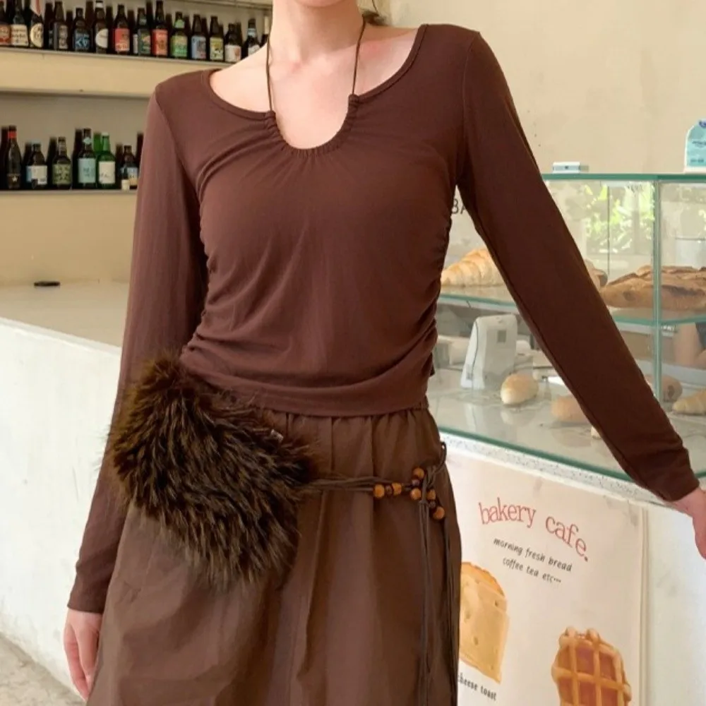 

Модный пояс в стиле Y2K с меховым воротником-шарфом, деревянными бусинами и пушистым декором, корейский стиль, для создания крутого образа