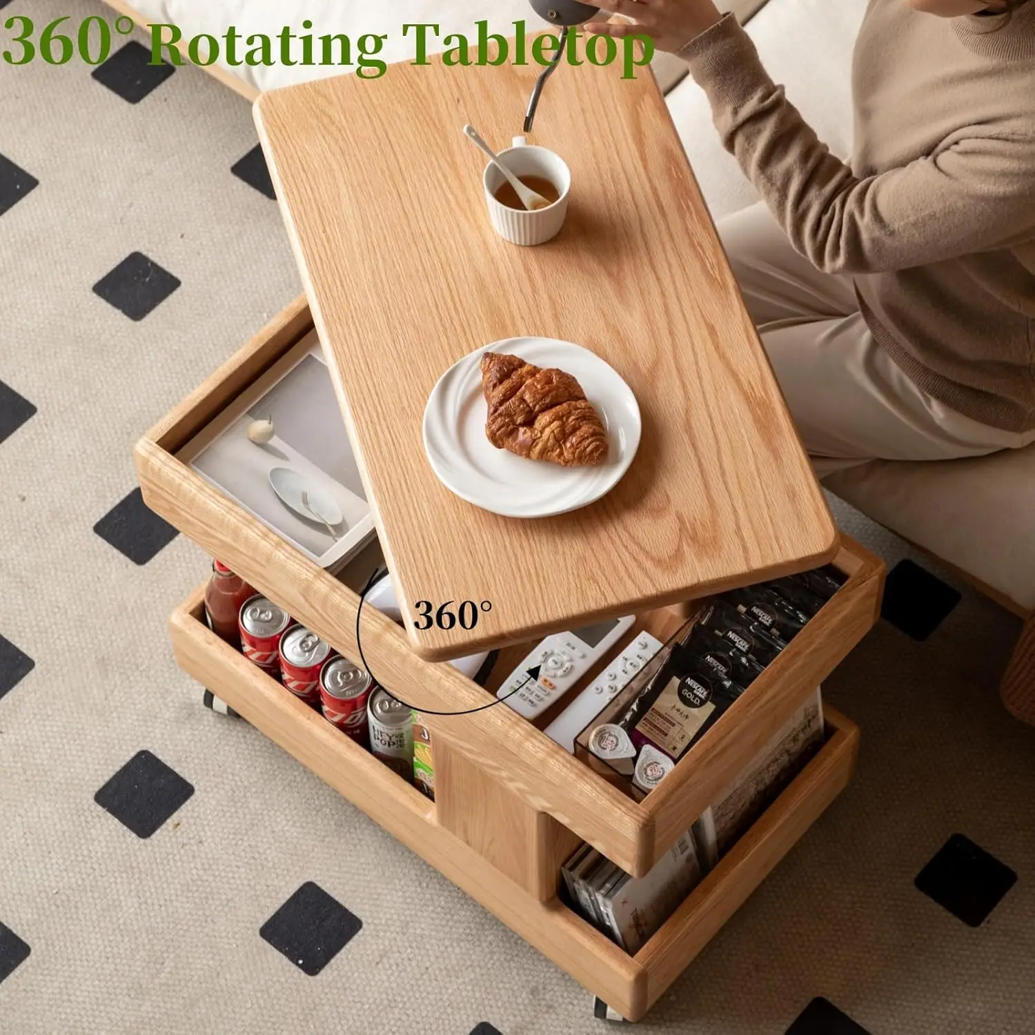 100% Solid Oak Lift Top Coffee Table For Living Room, Small Coffee Table With Rolling Wheels And 360° Rotating Desktop, Wood