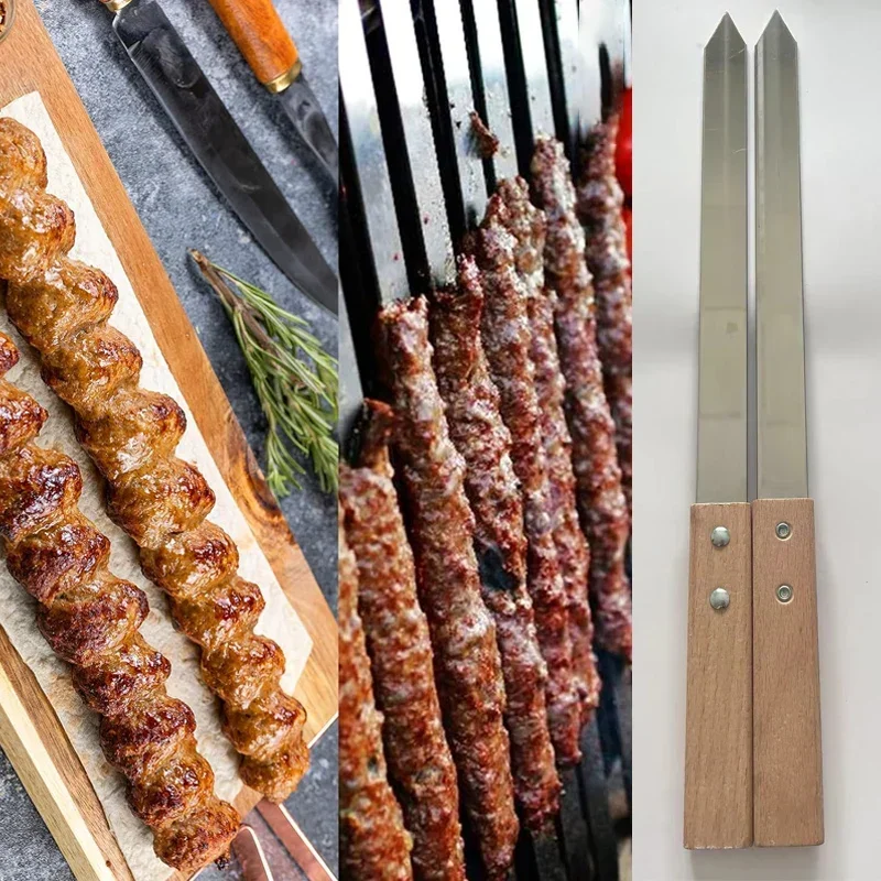 Kabob Skewers 2.3cm Flat Stainless Steel BBQ Barbecue Skewer with Wooden Handle Row Kebab Maker for Brazilian Koobideh Persian