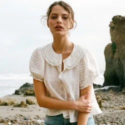 French Style Women's Shirt Blouse White 100% Cotton Lace Summer Spirng Puff Sleeve Trim Hollow Out Sheery Ladies Tops Blusas New