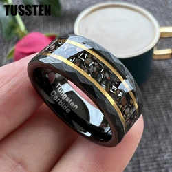 TUSSTEN 8MM Hammered Black Tungsten Ring Men Women Dinosaur Real Meteorite Chip Inlay Fashion Engagement Wedding Band