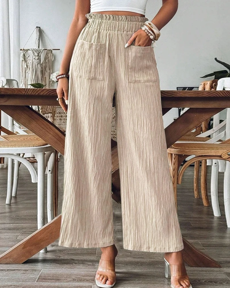 

Summer Pants Ribbed Wide Leg Pants Women with Pockets Long Pants Frill Ruched Design Solid Color Baggy Pants