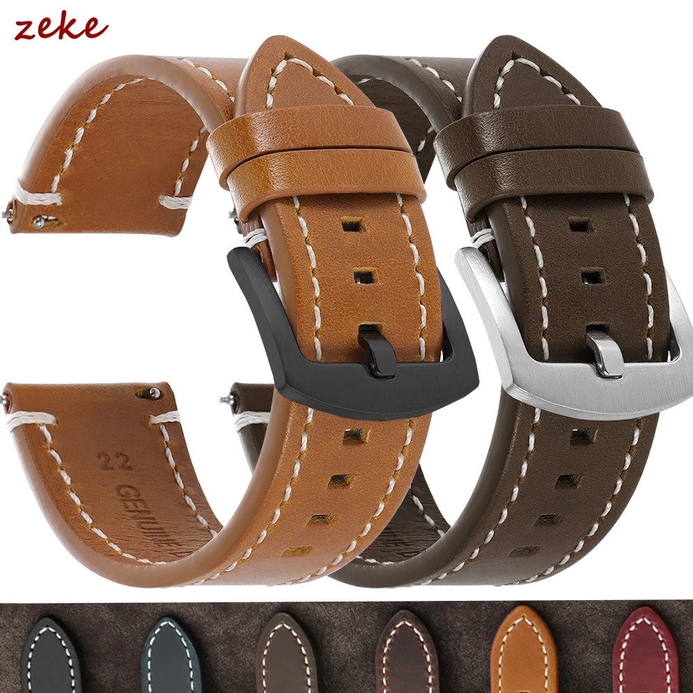 20mm 22mm Vintage Ölwachs-gefärbtes Rindsleder-Uhrenarmband Schwarz Braun Blau Genähtes Vollnarbenleder-Armband mit Matter Dornschließe