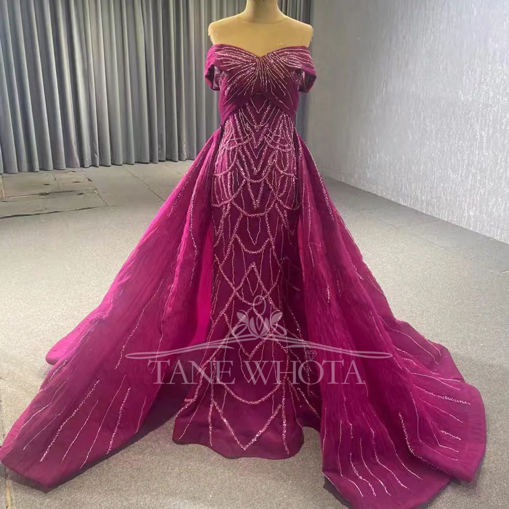 

Rose-Red Off The Shoulder Beaded Evening Dress With Sweetheart Lace Up Back And Detachable Train For Luxury Prom Occasions