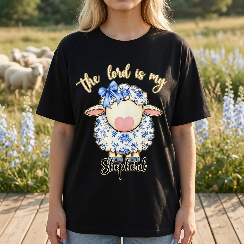 Women T Shirt The Lord is My Shepherd Bible Verse Print Christian Apparel Summer Short Sleeve Tee Round Neck Female Loose