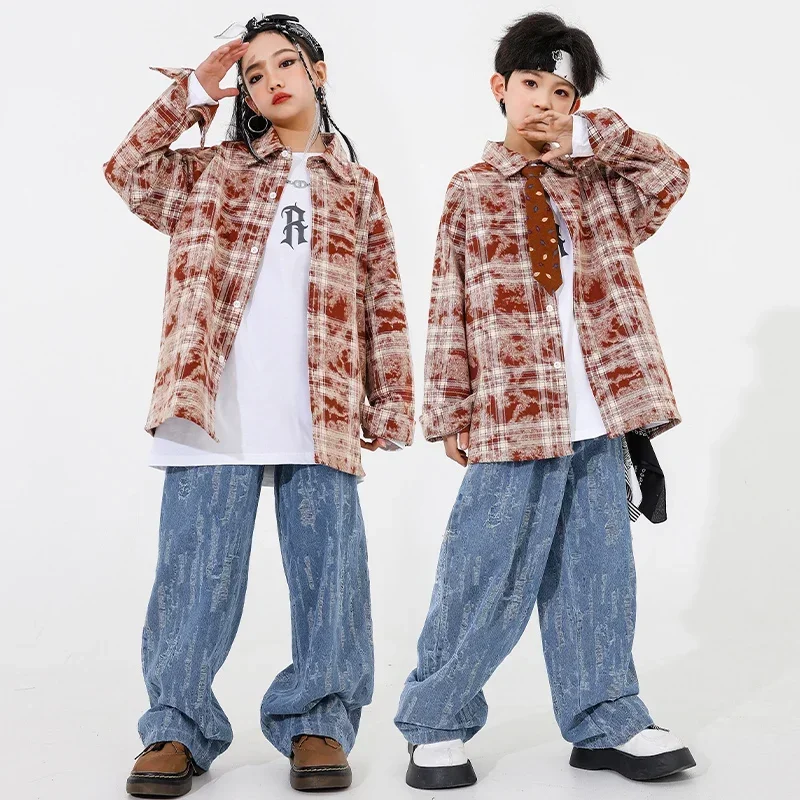 Girls Hip Hop Clothing Denim Street Dance Cargo Pants Boys Streetwear Jacket Clothes Sets Children Jazz Outfits Kids Costumes