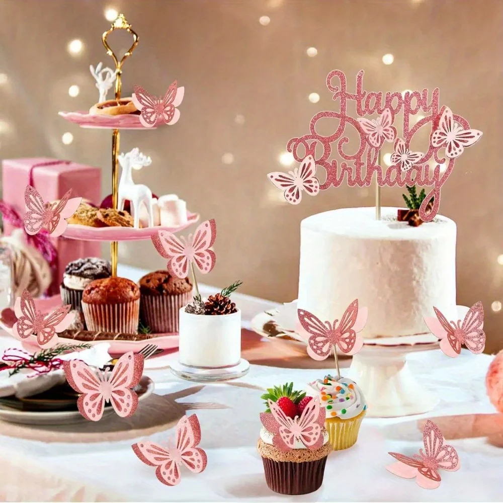 Rosa Schmetterlings-Kuchenaufsatz, 3D-Schmetterlings-Cupcake-Aufsatz für Mädchen und Frauen, alles Gute zum Geburtstag, Tortenaufsatz, Schmetterlings-Geburtstag – Detail 4