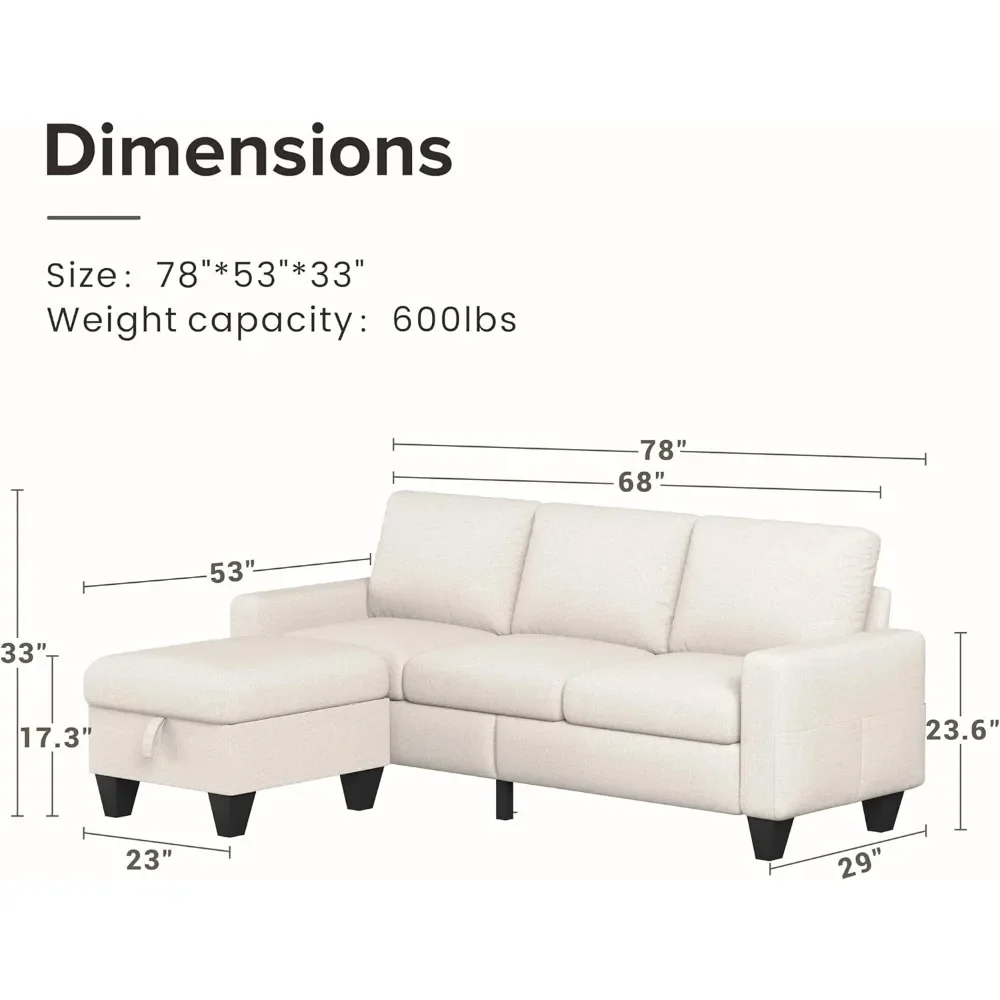 Sectional Sofa Couch with Storage Ottoman Modern Linen Fabric Couches for Living Room 78'' Convertible 3 Seat L-Shaped Couch