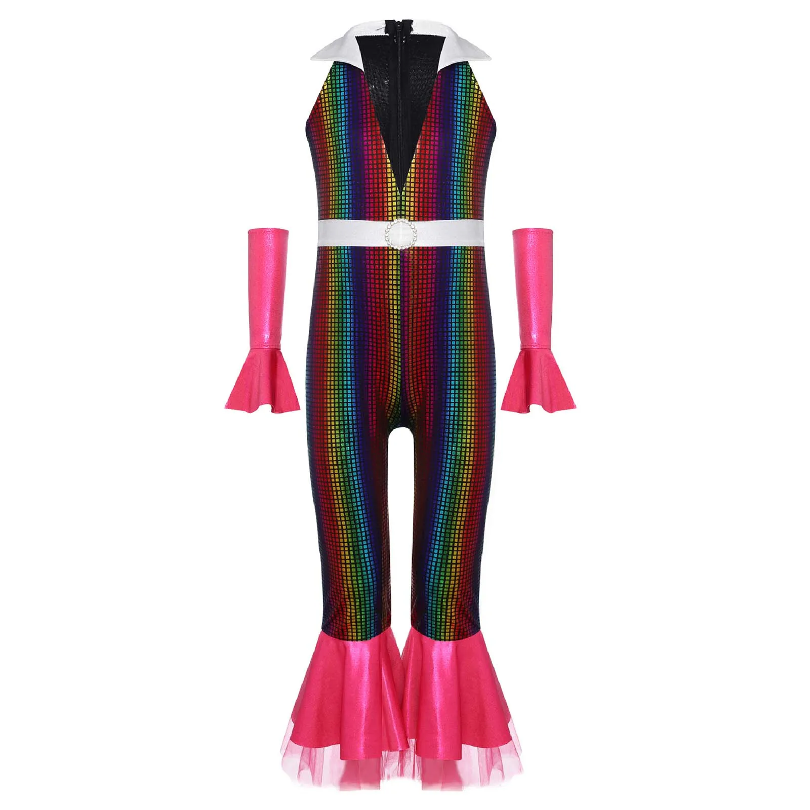 

#6-16 Girls 70s 80s Disco Party Jazz Dance Costume Sleeveless Flared Disco Jumpsuit with Arm Sleeves Stage Performance Costume