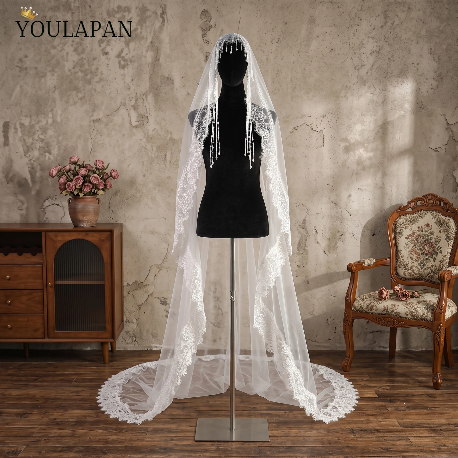 YouLaPan Mantillas EspañOla De Encaje Vintage Lace Edge Pearl Tassel Bridal Veil фата кружевная Accessoires Mariage Luxe V365