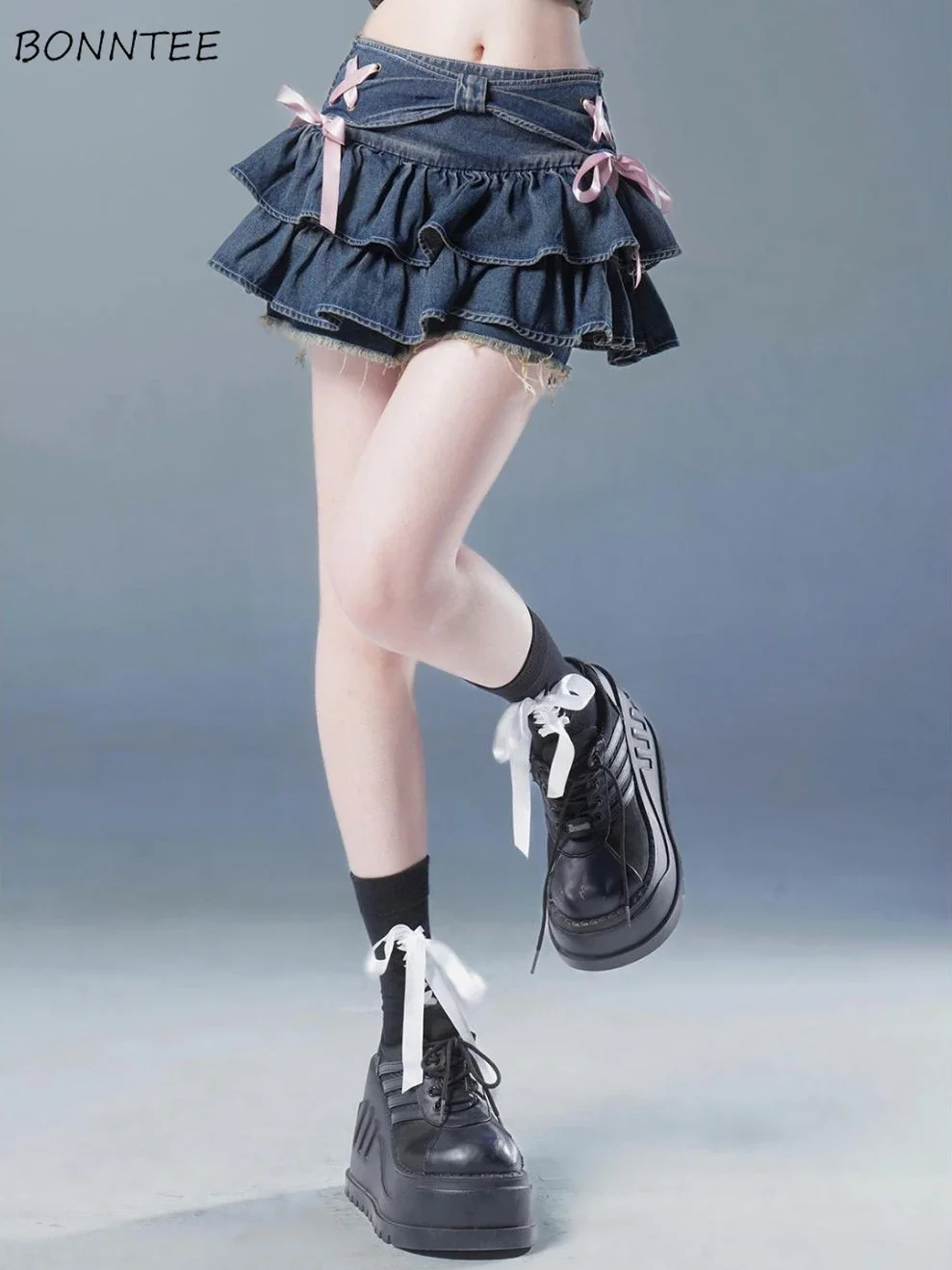 

Denim Mini Skirts Women American Streetwear Sweet Girls Chic Fashion Y2k Bow Summer A-line All-match Faldas Kawaii