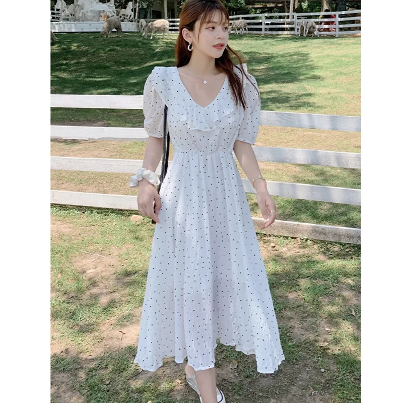 

French Romantic Ruffles V-Neck Shirring Chiffon Dress Women Summer Elegant Dot Short Sleeve Soft Empire Mid-calf Dresses & Belt