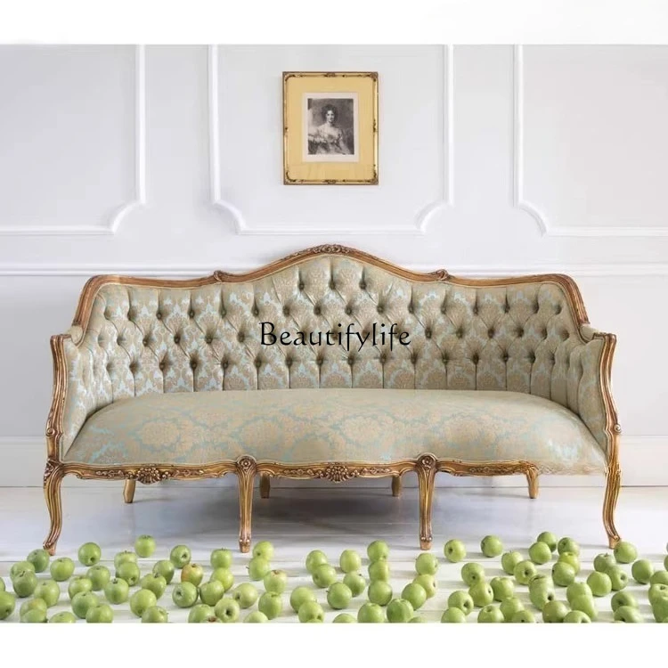 

French neoclassical solid wood carving flower light luxury villa three-person sofa American country soft bag fabric buckle sofa
