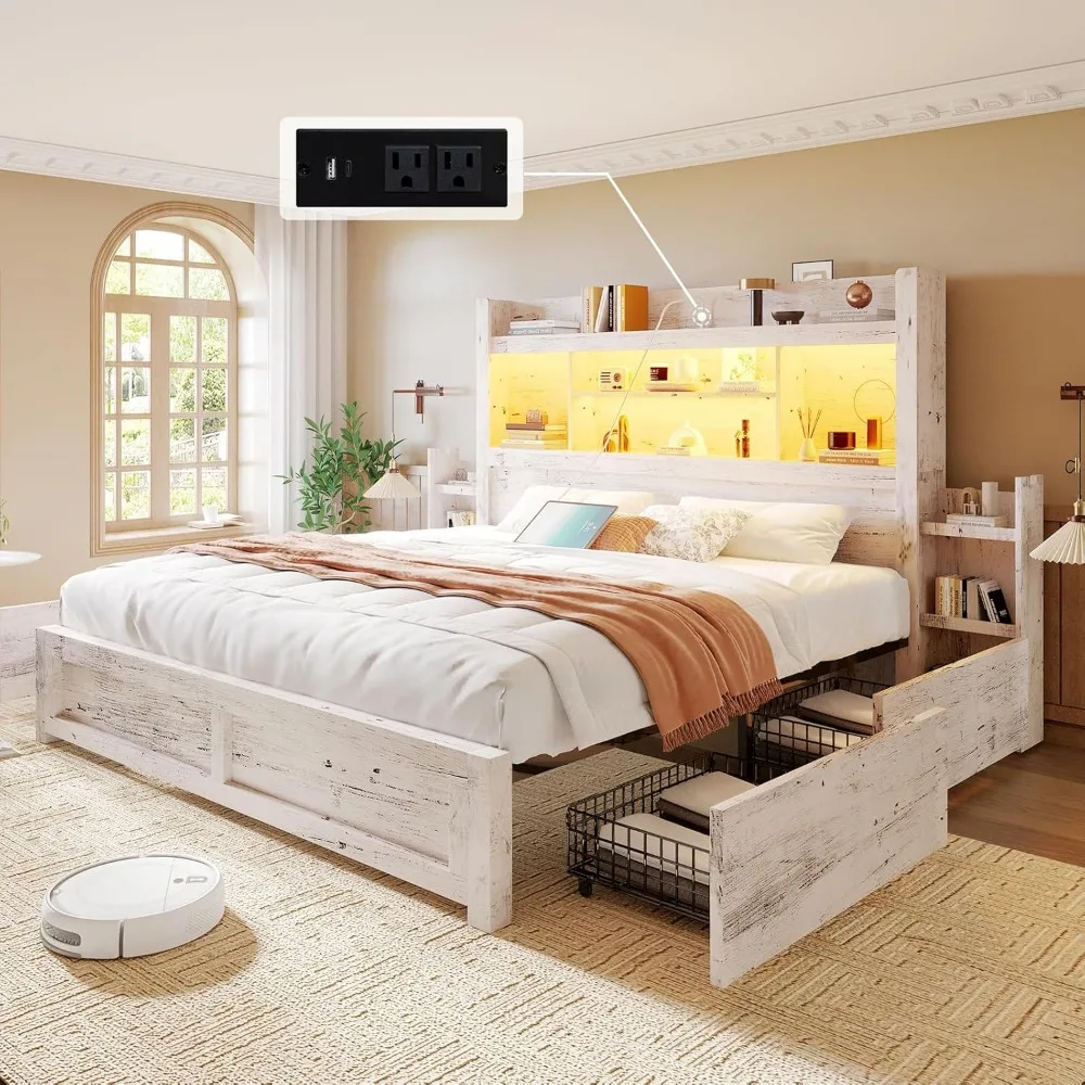 

King Bed Frame with 49.6" Bookcase Headboard & 2 Bedside Stoage Racks & 4 Drawers, Farmhouse Wood Bed Frame with RGB LED