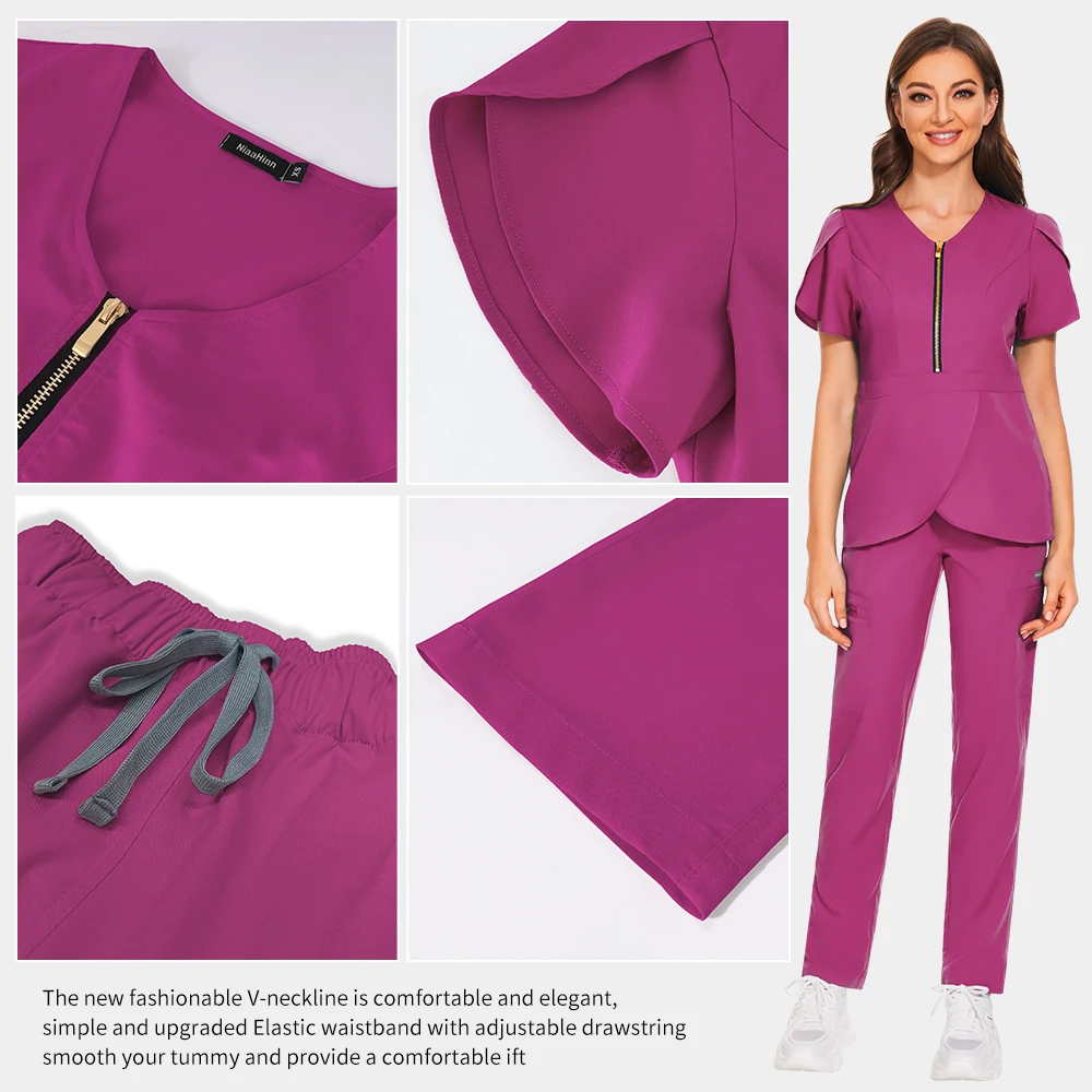 Anti-Wrinkle Premium Fabric Clinical Uniforms Washable Nurse Uniforms Medical Scrubs Sets Surgical Blouse Pockets Straight Pants