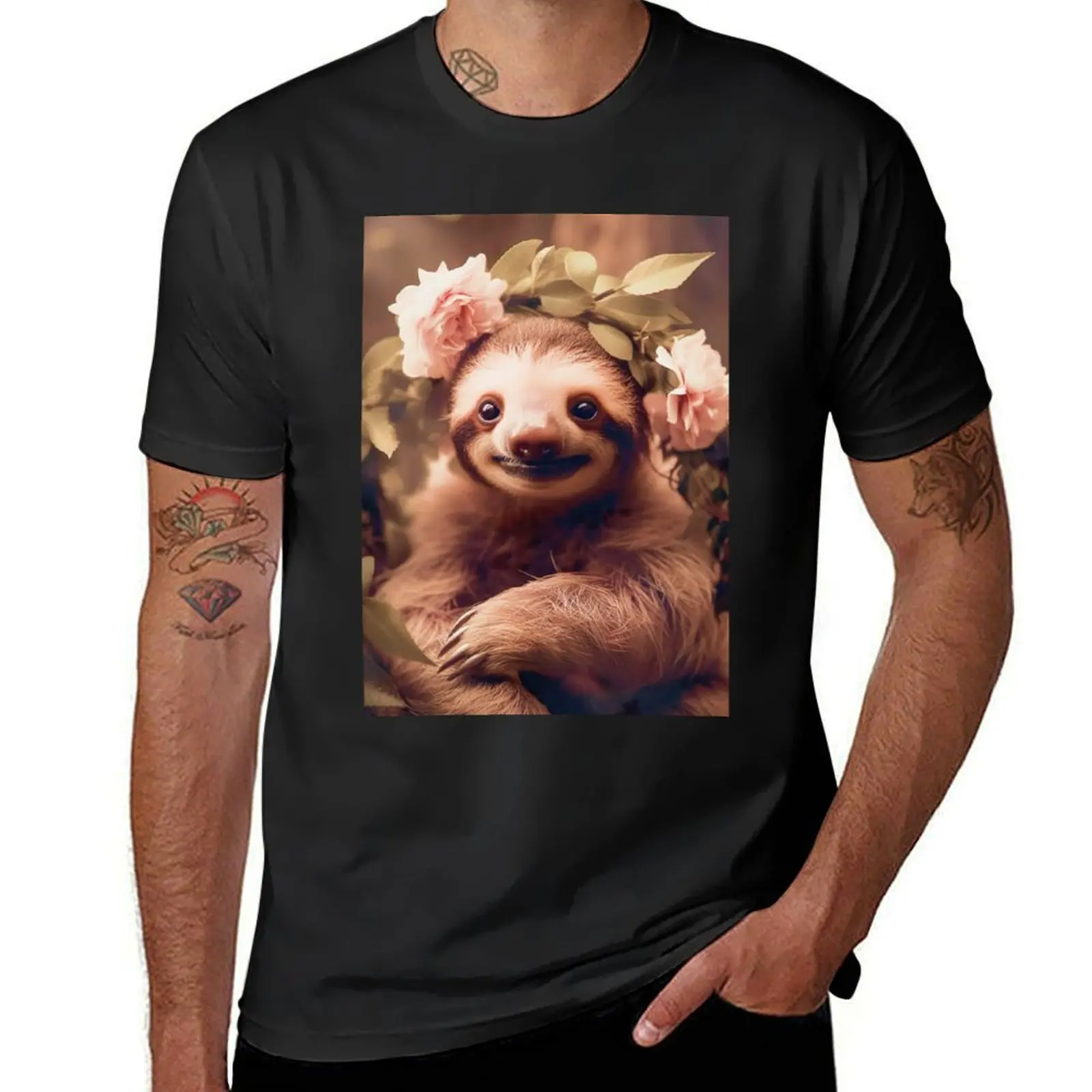 Cute Baby Sloth with Roses on its Head T-Shirt boys whites funnys mens t shirts