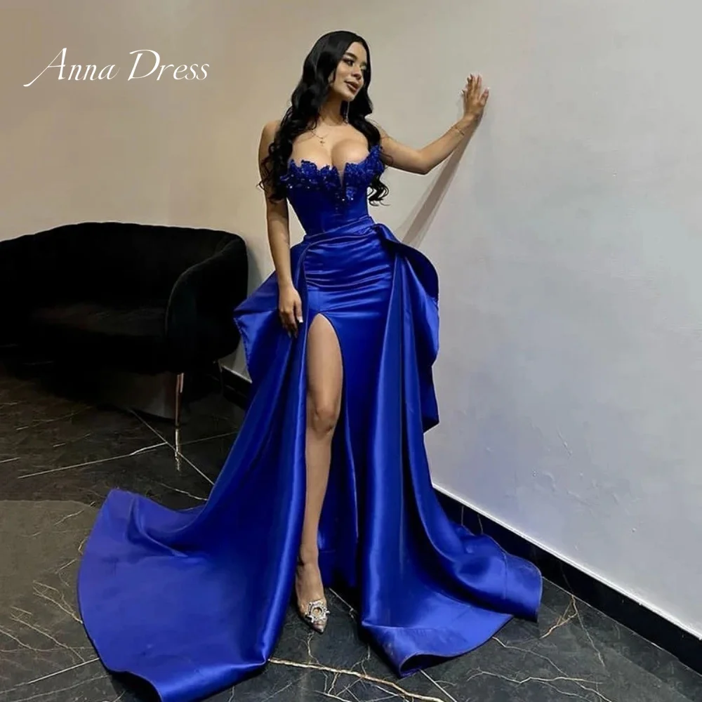 Anna Blue Elegant Party Dresses 2024 for Wedding Guest Dresses 2024 Dubai Luxury Evening Dress Side Slit Beads Fish Tail Satin