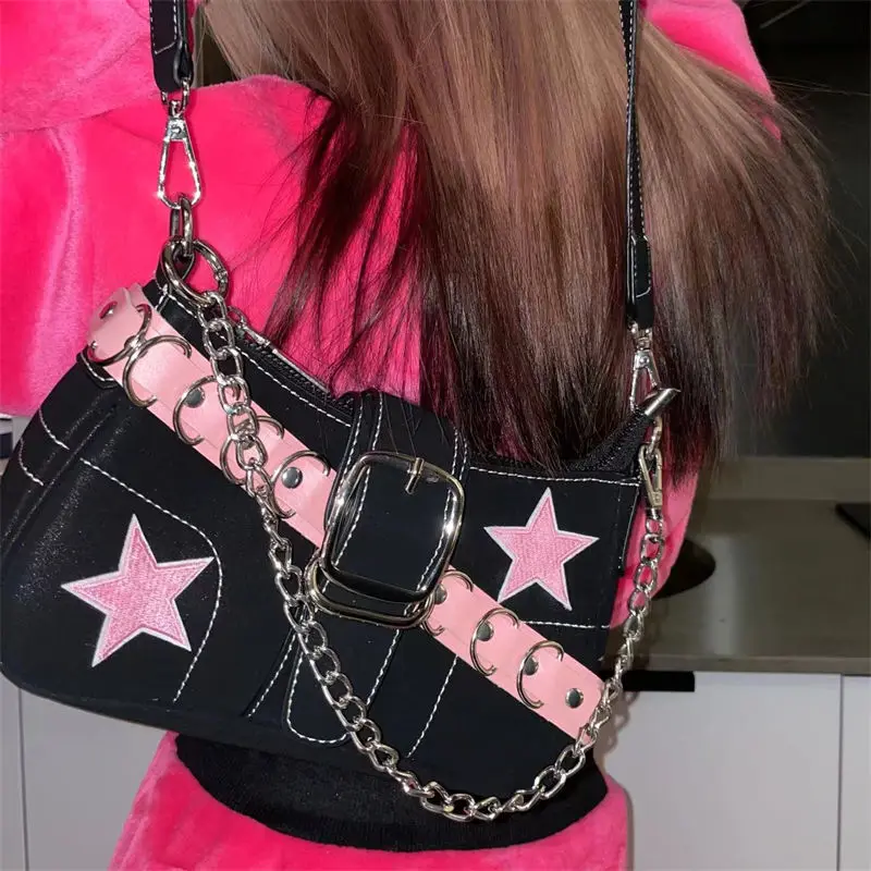 Star Pattern Y2K Hot Girl Chain Shoulder Bags for Women Black Pink Handbag Luxury Designer Grunge Bag Gothic Motor Style Sling