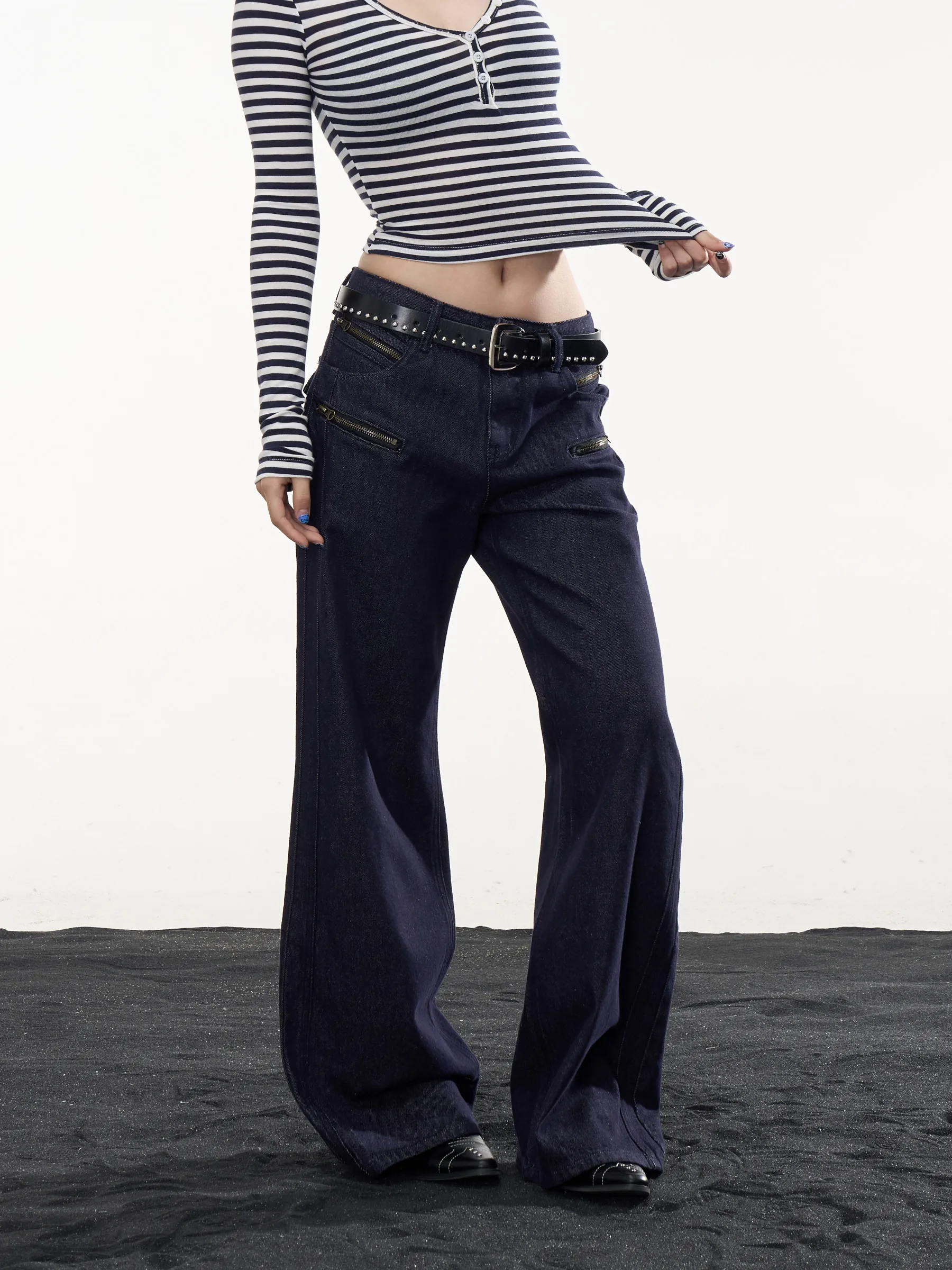 Low Waist Wide Leg Denim Jeans Women's Casual Loose Design Sense Washed Deep Blue American Retro Style Ladies Jeans