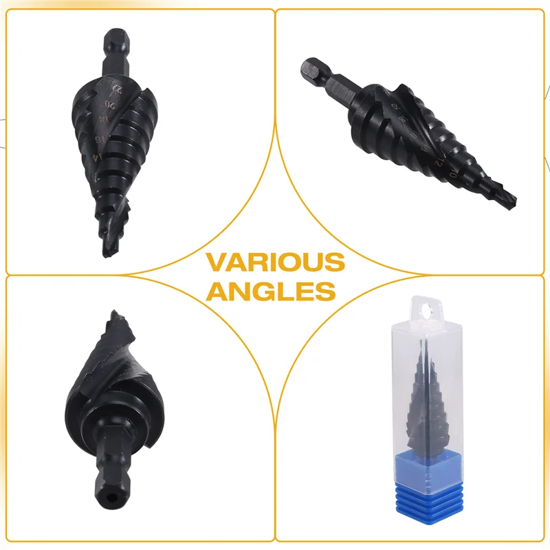 

A27F-ступенчатое сверло по металлу, 3/16"-7/8" (12 размеров шагов), кобальтовое сверло M35 с четырьмя спиральными канавками, ступенчатые насадки с шестигранным хвостовиком 1/4 дюйма