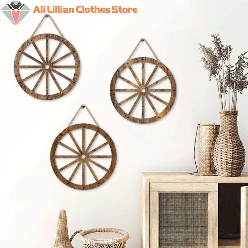 Wood Wagons Wheel Decorative Wooden Wheels Old Western Style Wagon Wheels Decor Vintage Rustic Wall Hanging Wood Cartwheel