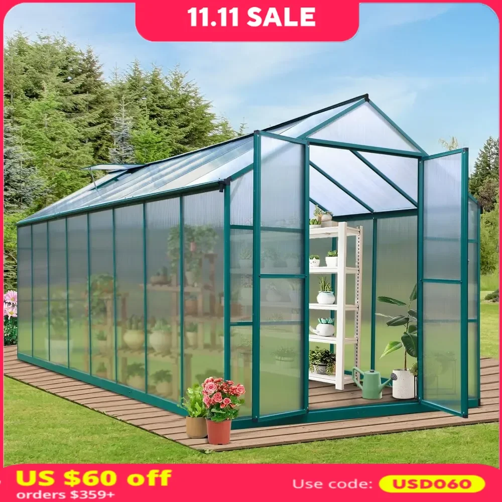 8FT X 16FT Greenhouse with Adjustable Roof Vent and Rain Gutter for Backyard Garden, Outdoor Aluminum Polycarbonate Greenhouse