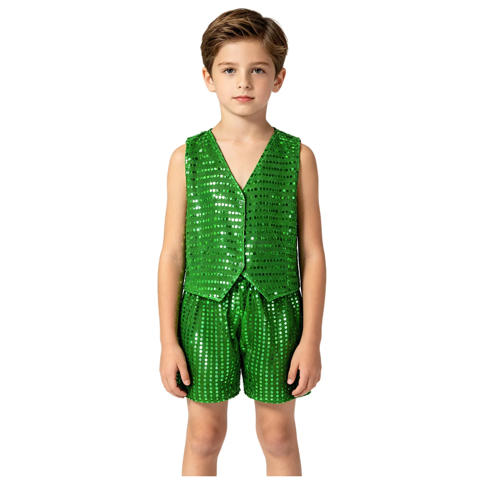 Children Shiny Sequins Vest with Shorts Hip Hop Jazz Dance School Choir Magic Show Halloween Party Carnival Performance Costume