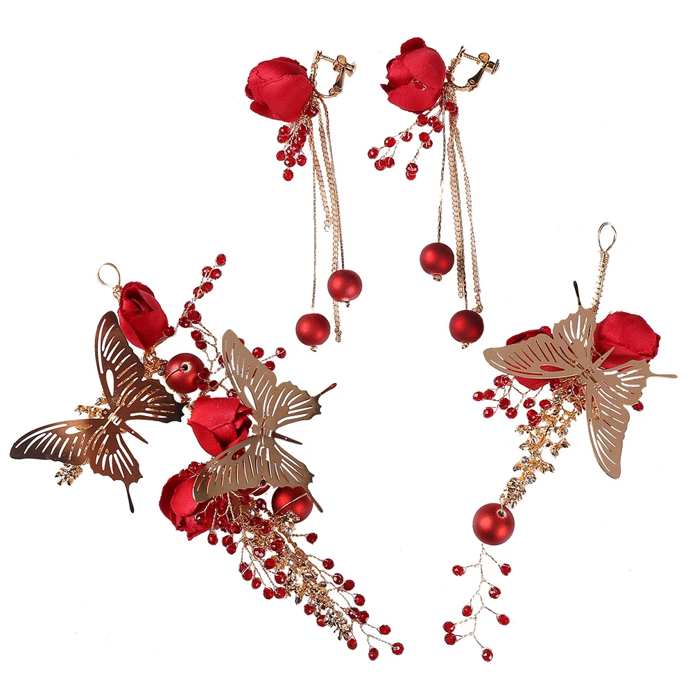 

Hair Clip Elegant Bridal Headdress Set Red Crystal Earrings Dress Up Wedding Accessories