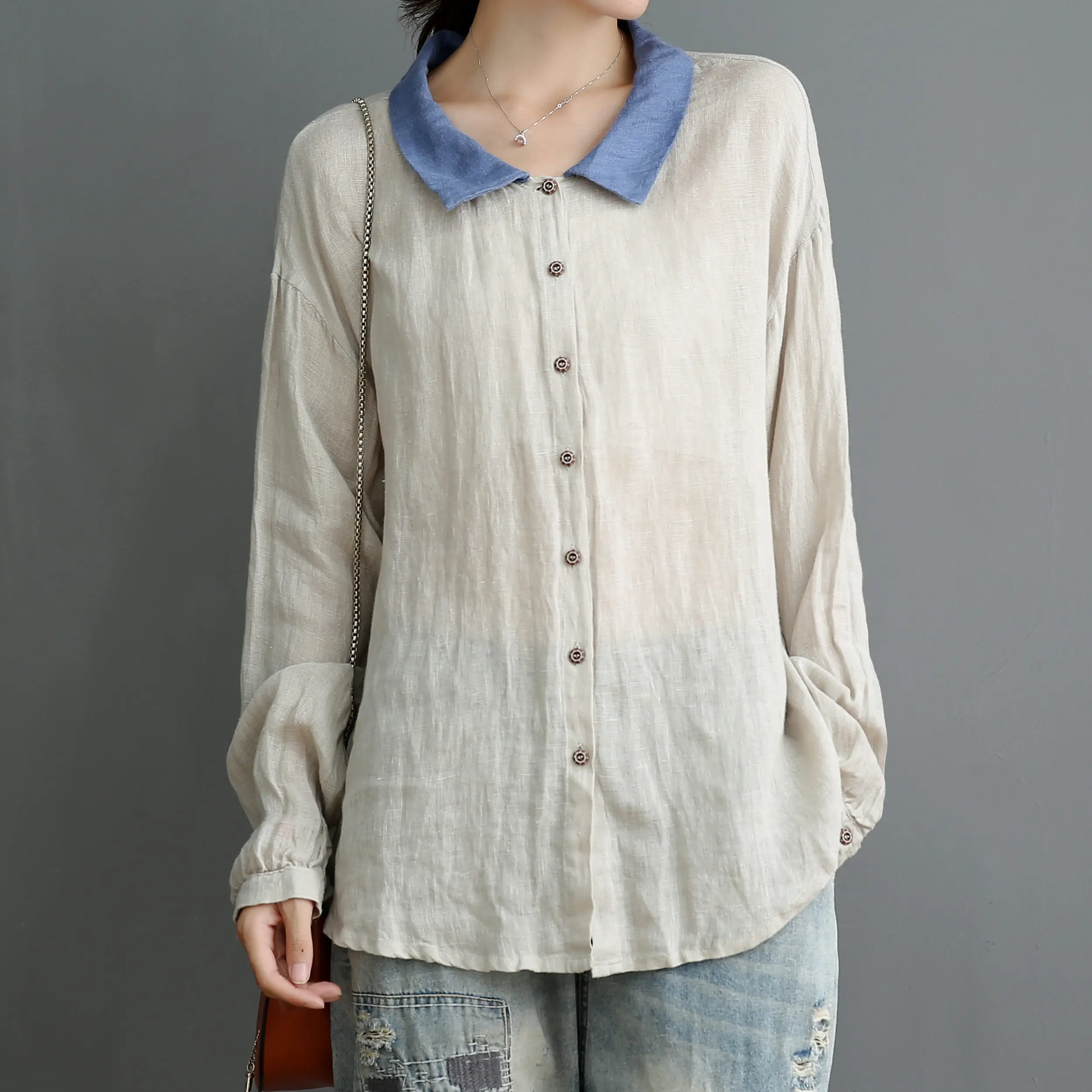 

Johnature 2024 New Vintage Linen Loose Womens Tops And Blouses Autumn Turn-down Collar Solid Color Button Female Shirts