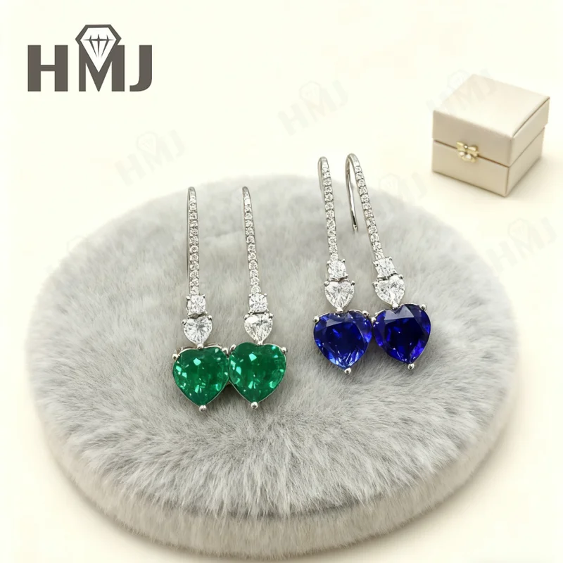 

Heart Shape Earrings Lab Grown Ruby Sapphire Emerald 925 Silver with Certificate Vintage Style Wedding Jewelry for Woman Charms
