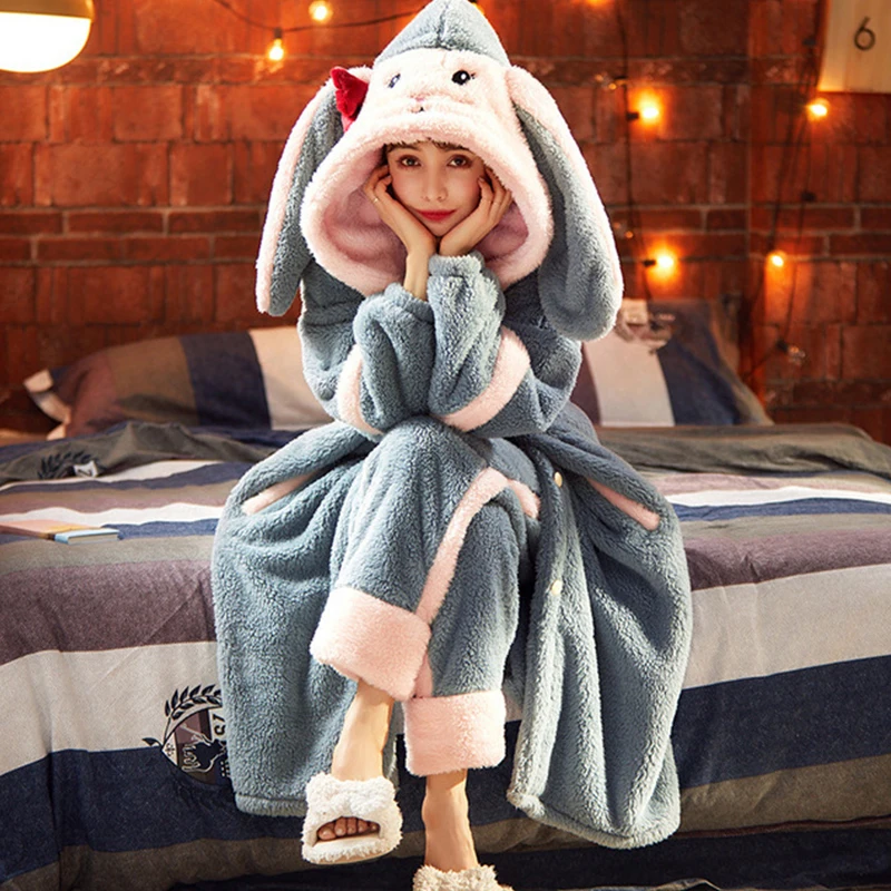 Sweet Women Bathrobe Autumn Winter Thick Hooded Flannel Ladies Robe Fleece Girls Cute Long Dressing Gown for Female Homewear