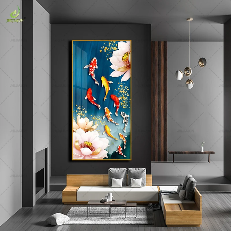 Modern Animal Painting Fish Koi Carp Background Gold Frame Crystal Porcelain Mural Home Decoration LED Wall Art