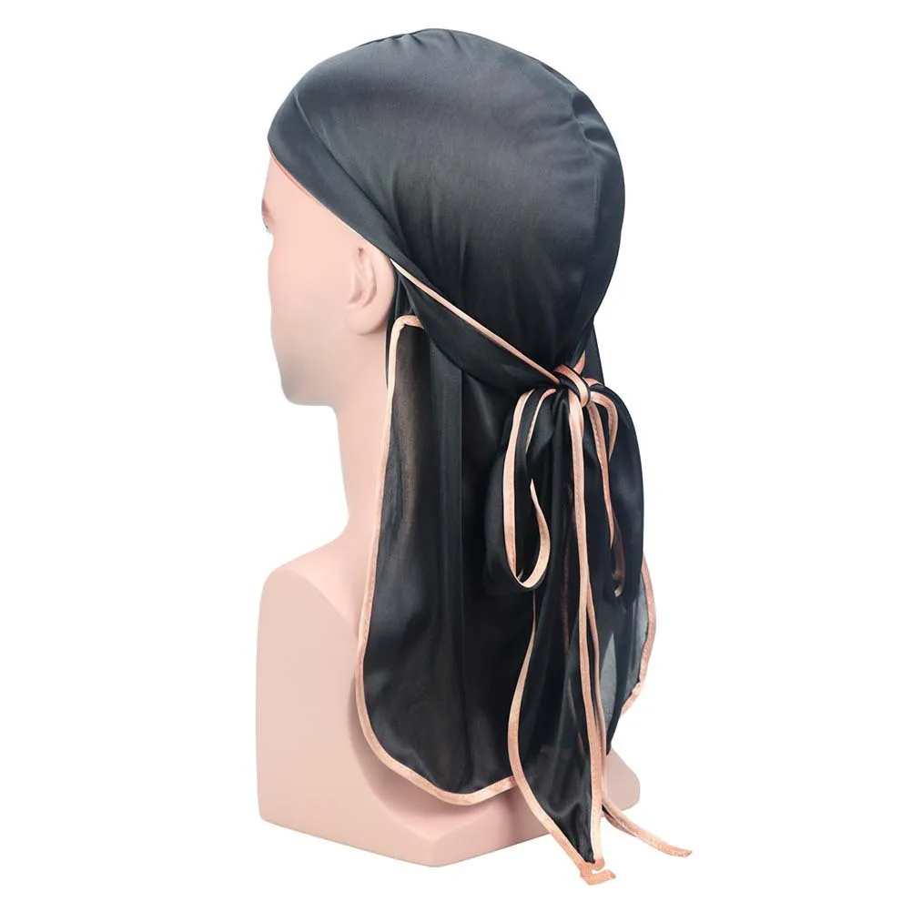 

2Pcs Elastic Turban Headscarf Silky Long Tail Stylish Women's Sports Hair Wraps Black White Black Rose Gold Edge