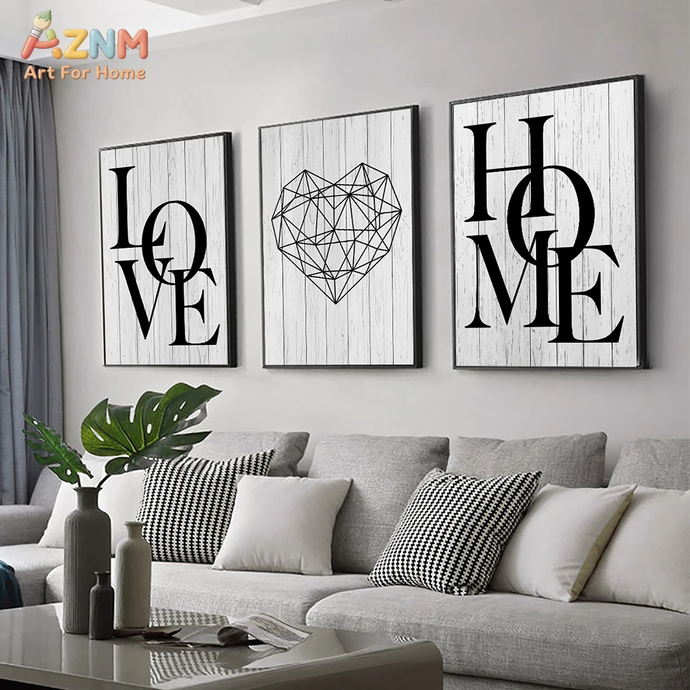 AZNM 3PCS Love Home Geometric Heart Canvas Wall Art Prints, Black White Wooden Background Typography Poster, Minimalist Family Q