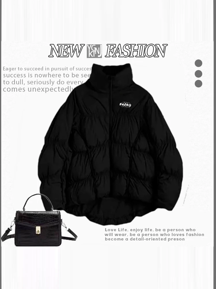 

American Sle Bla Stand Collar Cotton Jaet Women's Winter Loose Slimming Bread Design Versatile Top Women's Faion