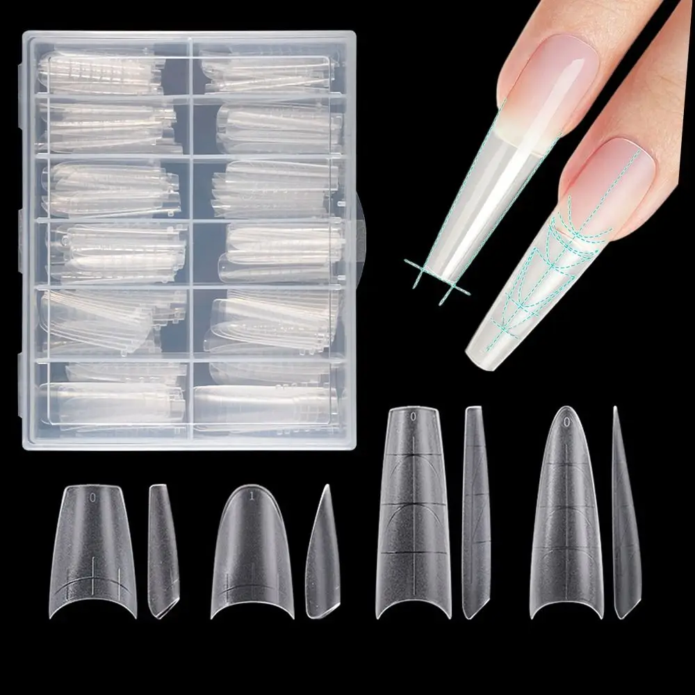 Half Cover French False Nails Long Coffin Shaped with Guiding Line Long Artificial Nails 3D DIY Scaled False Full Nail Tips