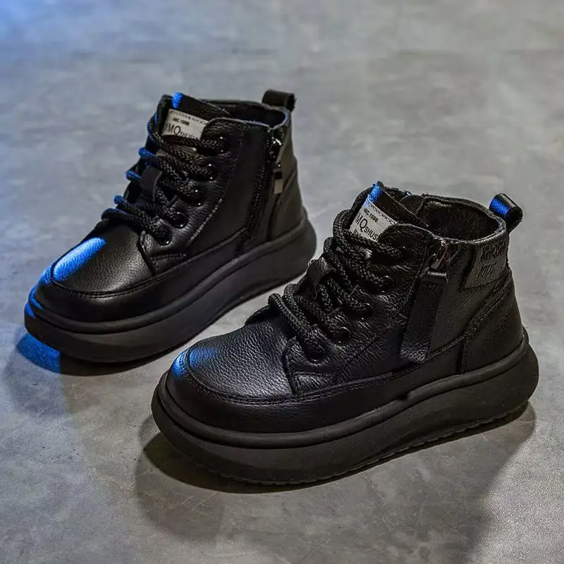 Unisex Kids Platform Leather Boots 2026 New Winter Kids High-top Sneakers Non-slip Trendy Versatile School Thermal Ankle Boots
