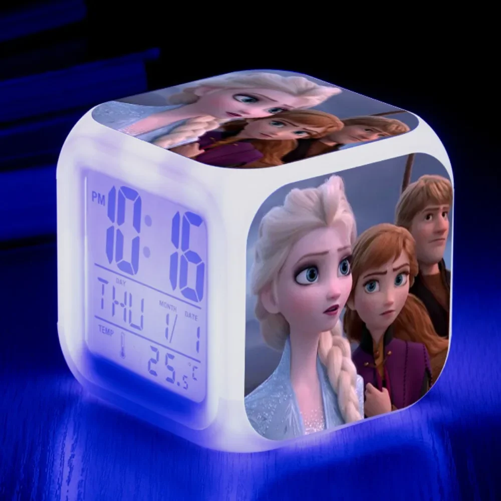 Frozen 2 Cartoon Alarm Clock Colorful Color Changing Square LED Alarm Clock Anime Figures Anna Elsa Creative Digital Alarm Clock