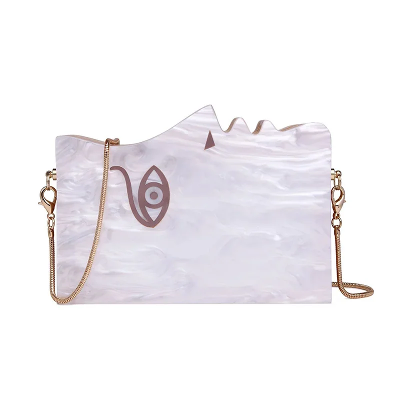 2024 Wood Personality Splicing White Acrylic Retro Unique Half Face Hard Box Evening Bag Ridesmaid Handbag Luxury Clutch Purses