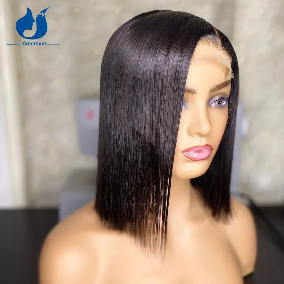 Natural Black Lace Encerramento Bob Peruca, Parte Lateral, 100% Cabelo Humano, Corte Curto Blunt, Ametista com 5.5x4.5PU Base de Seda, Direto