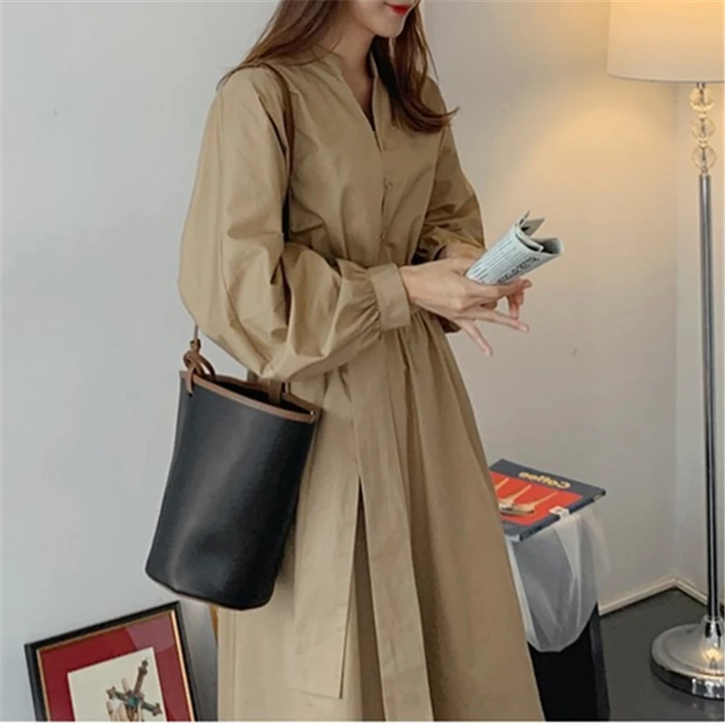 REALEFT Spring Autumn Stand Collar Women\'s Shirt Dresses Sashes 2024 New V-Neck Solid Korean Casual Straight Dress Female