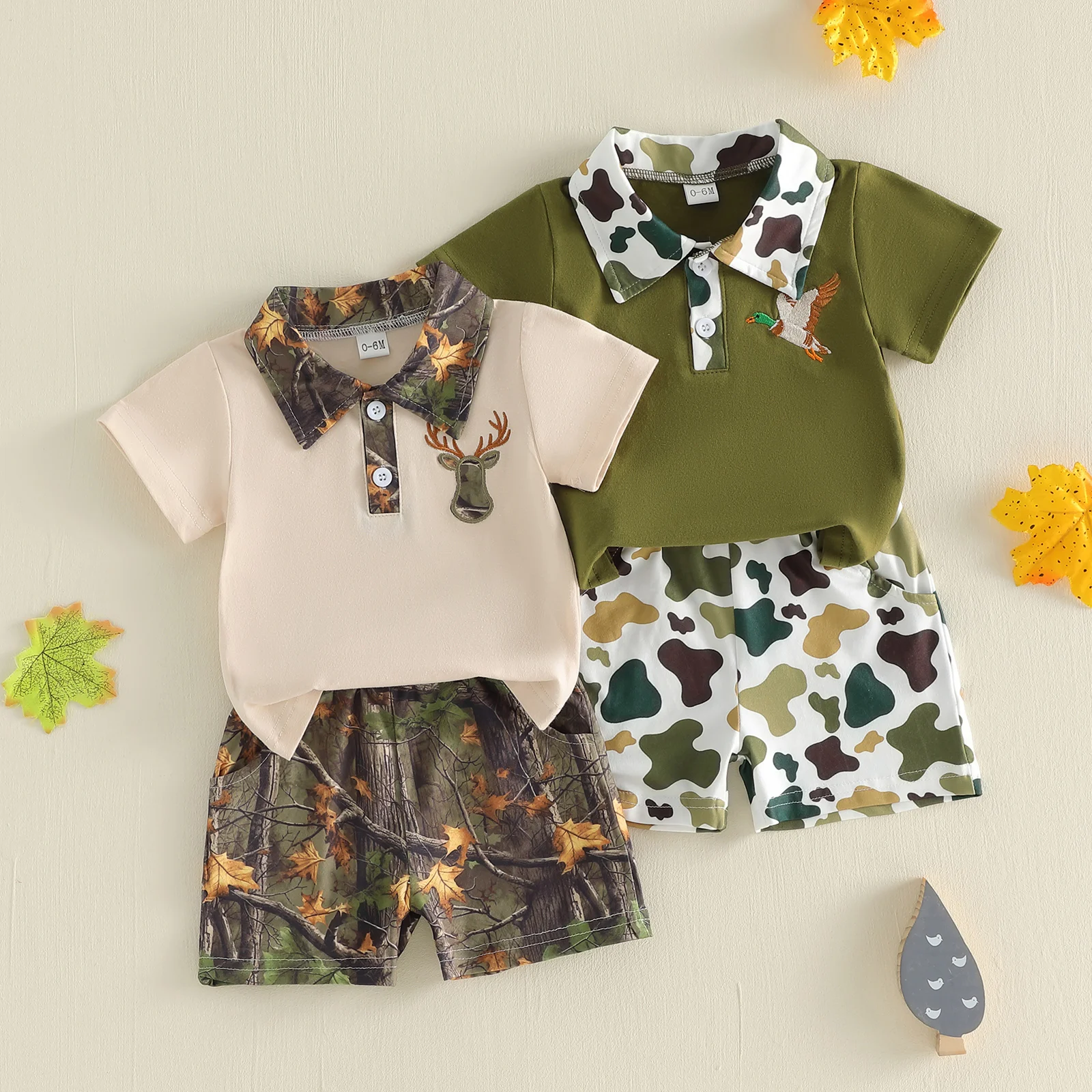 Summer Toddler Boy Duck Embroidered Outfit Button Collared Short Sleeve Tops and Camouflage Shorts Baby 2 Pcs Sets 2026 New