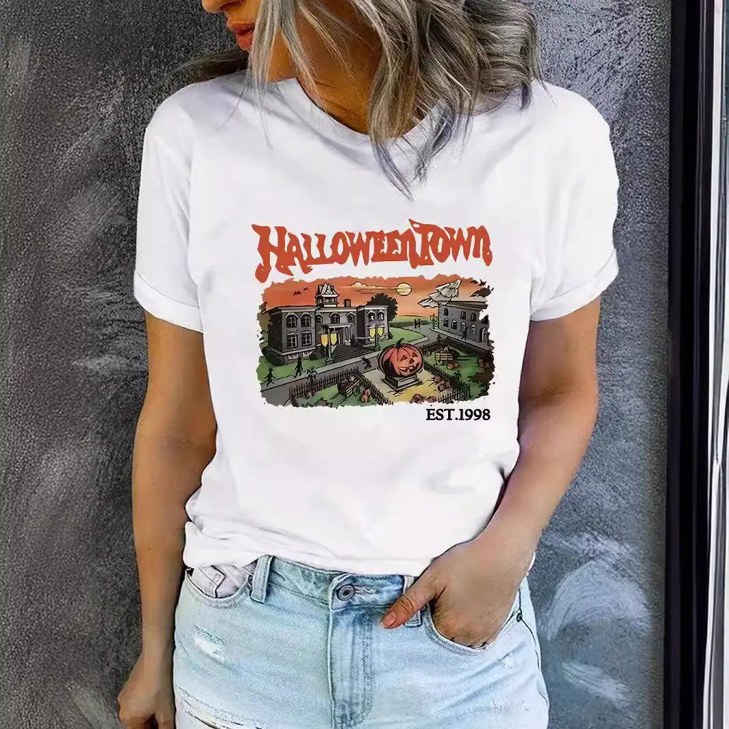 

Summer Women's loween Pattern Printed round Ne ort Sve T-irt Casual Faionable Top Polyester Fiber Polyester
