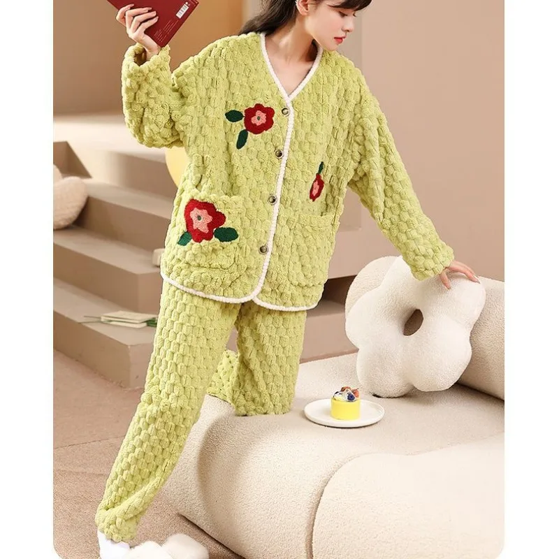 2023 Pajama Ladies Winter Autumn V-neck Plus Velvet Thickening Cartoon Cute Sweet Leisure Wear Can Wear Home Clothes