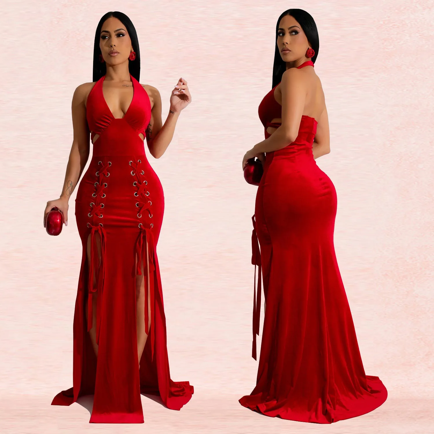 Bandage Velvet V Neck Dress Lady Party Bodycon Evening Dresses Women Elegant Luxury Maxi Long Hollow Out Prom Red Black Dresses