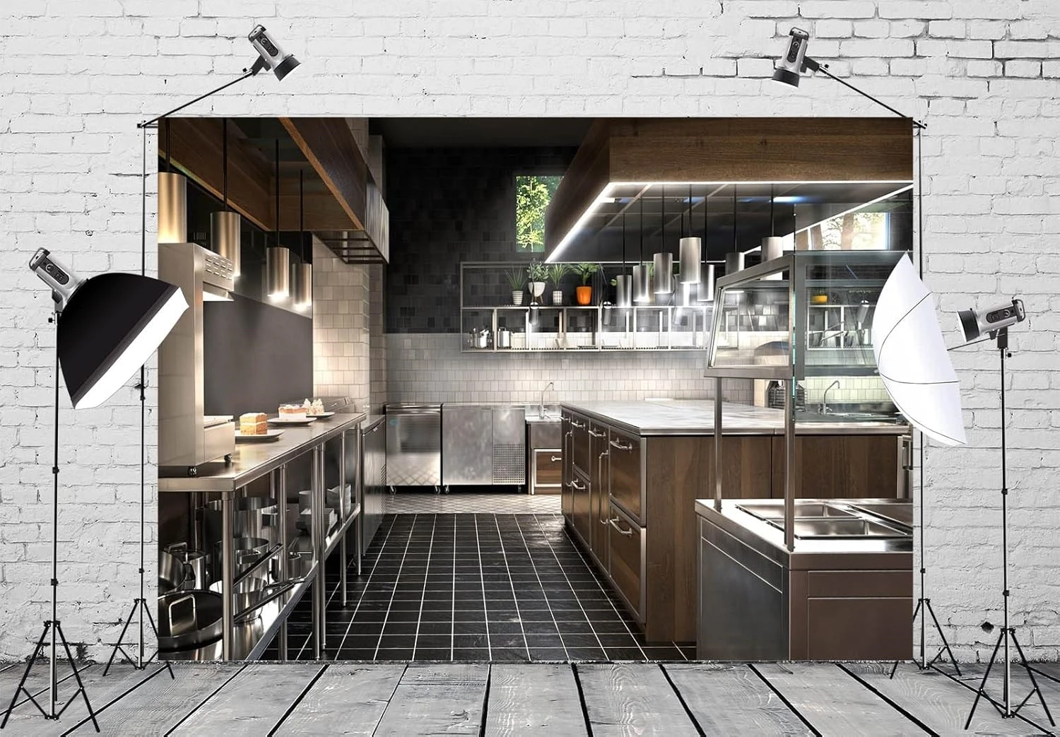 Modern Kitchen Luxury Bright Restaurant Equipment Cooking backdrops computer print wall Photography Studio Backgrounds