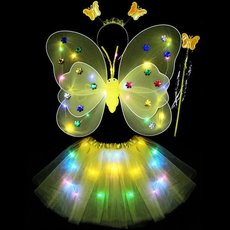 أجنحة الفراشة المتوهجة تضيء فستان الأميرة الجنية عصا سحرية 3 قطعة مجموعة أزياء أداء الحفلات لعب الأدوار دعائم التصوير الفوتوغرافي #1